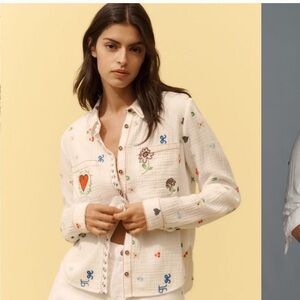Pilcro Icon White Button-Down Shirt Red Heart & Multicolor Embroidery Medium